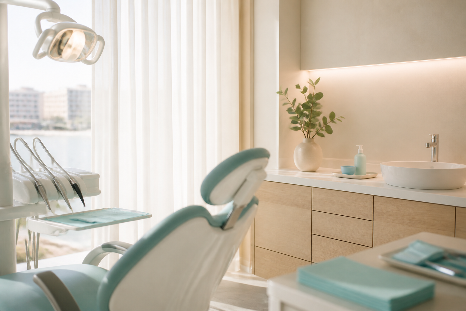Atmosfera visual sintética de um consultório dentário contemporâneo.